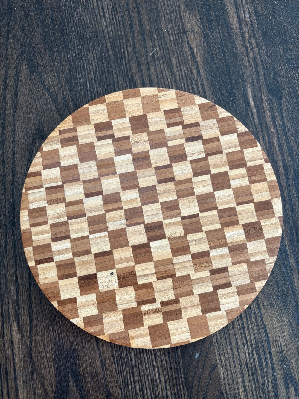 Checkerboard wood cutting board/trivet/cheese serving tray, 9.75” diameter